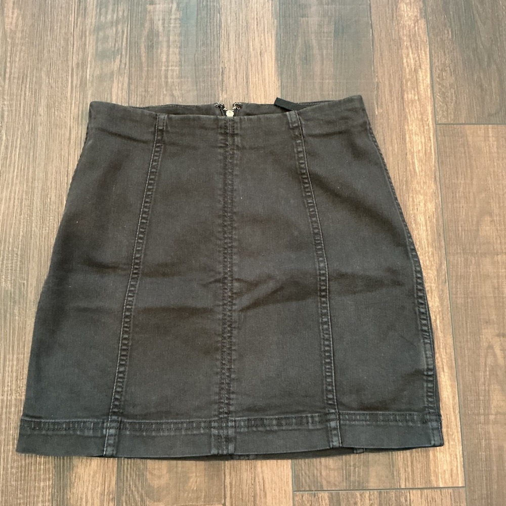 Free People Modern Femme Denim Mini Skirt Black High Waisted Zip Back Size 26